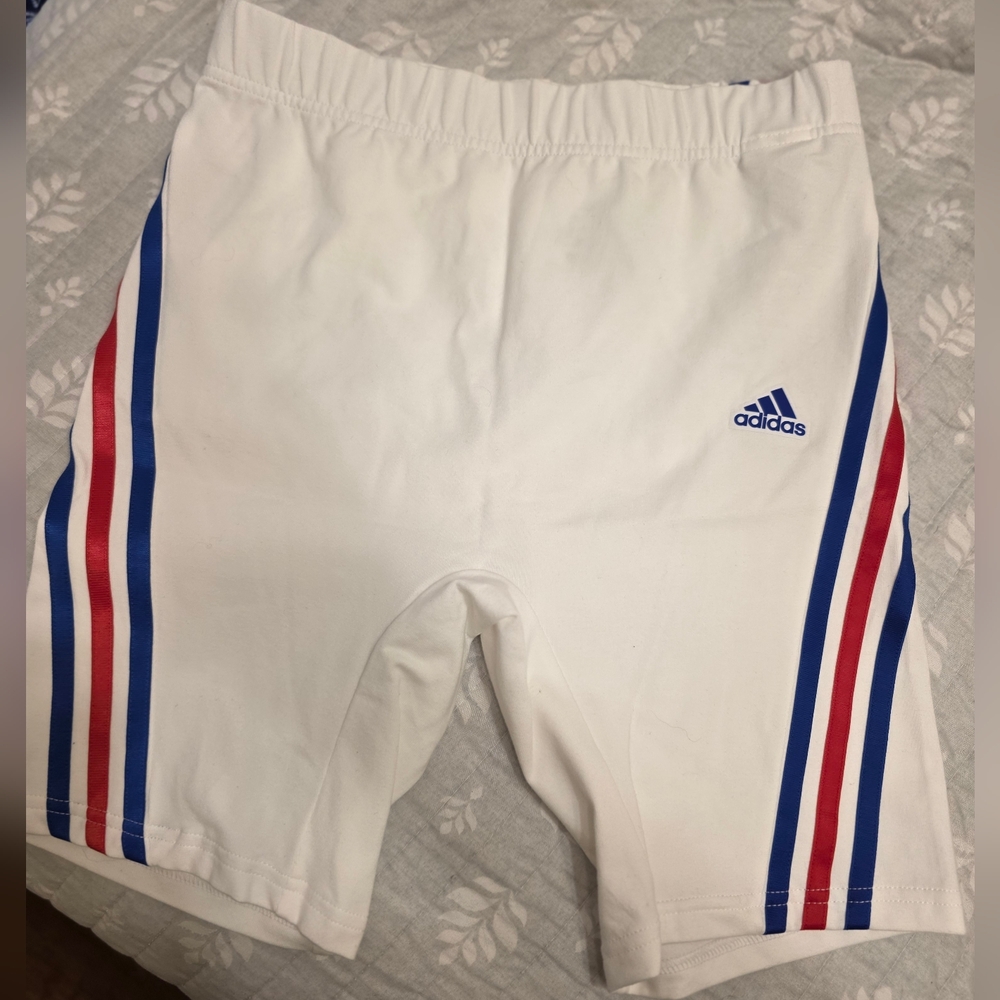 Adidas White Bike Shorts with Blue and Red Accents